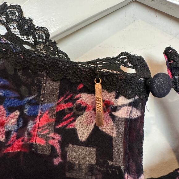 MISA Divya Floral Blouse Bell Sleeves Retro Lace Sheer Black Pink Purple XL - Picture 5 of 13